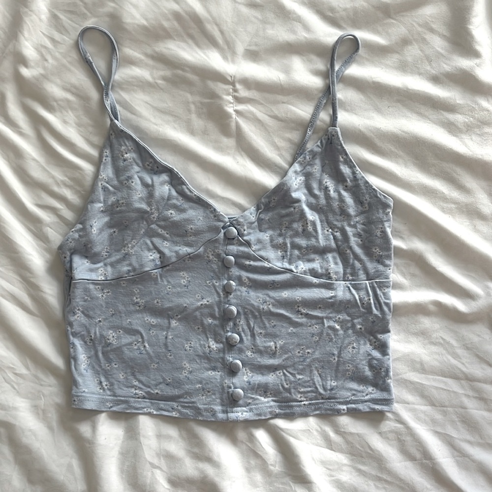 Baby Blue with Flower Detail Spaghetti Strap Cropped Tank